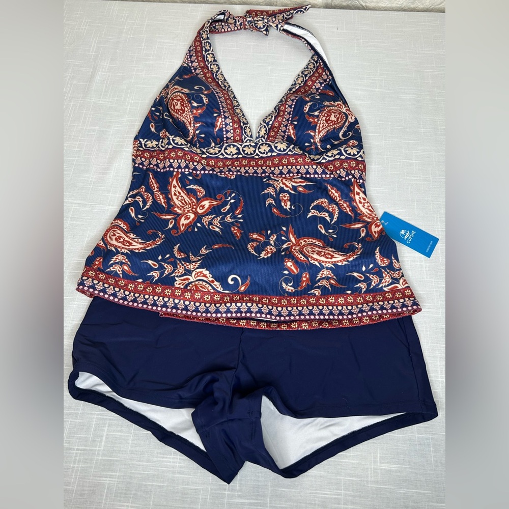 Cupshe NWT Tankini Size Large Halter Tie with V Neck and Boy Shorts Bottom Large